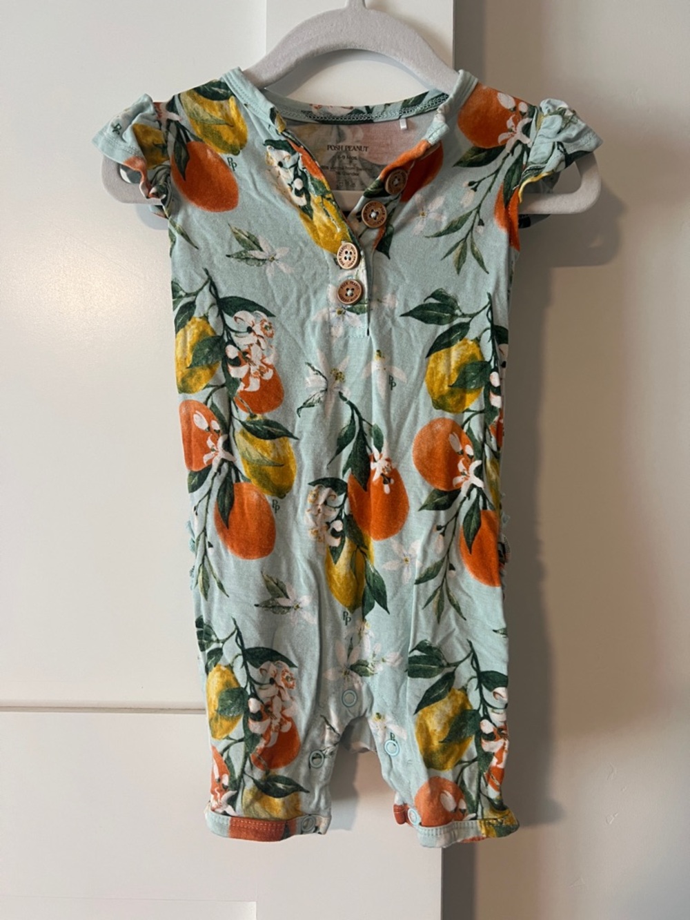 Posh Peanut Citrus Print Baby Romper - Light Blue with Orange & Lemon